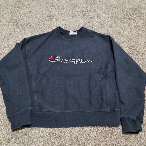 Champion Reverse Weave Crewneck Sweatshirt Black Script Logo Men’s M - Picture 3 of 8